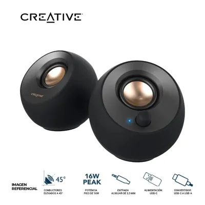 PARLANTE CREATIVE PEBBLE V2 2.0 8W/16W 3.5MM USB-C-POWER BLACK (51MF1695AA000)