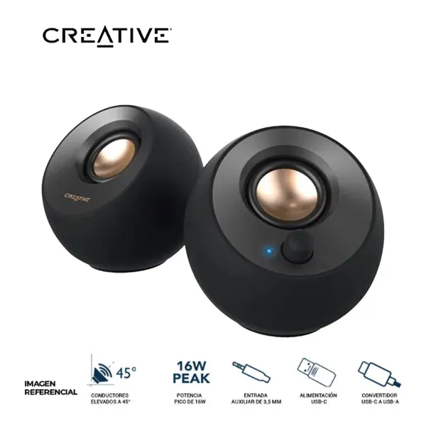 PARLANTE CREATIVE PEBBLE V2 2.0 8W/16W 3.5MM USB-C-POWER BLACK (51MF1695AA000)